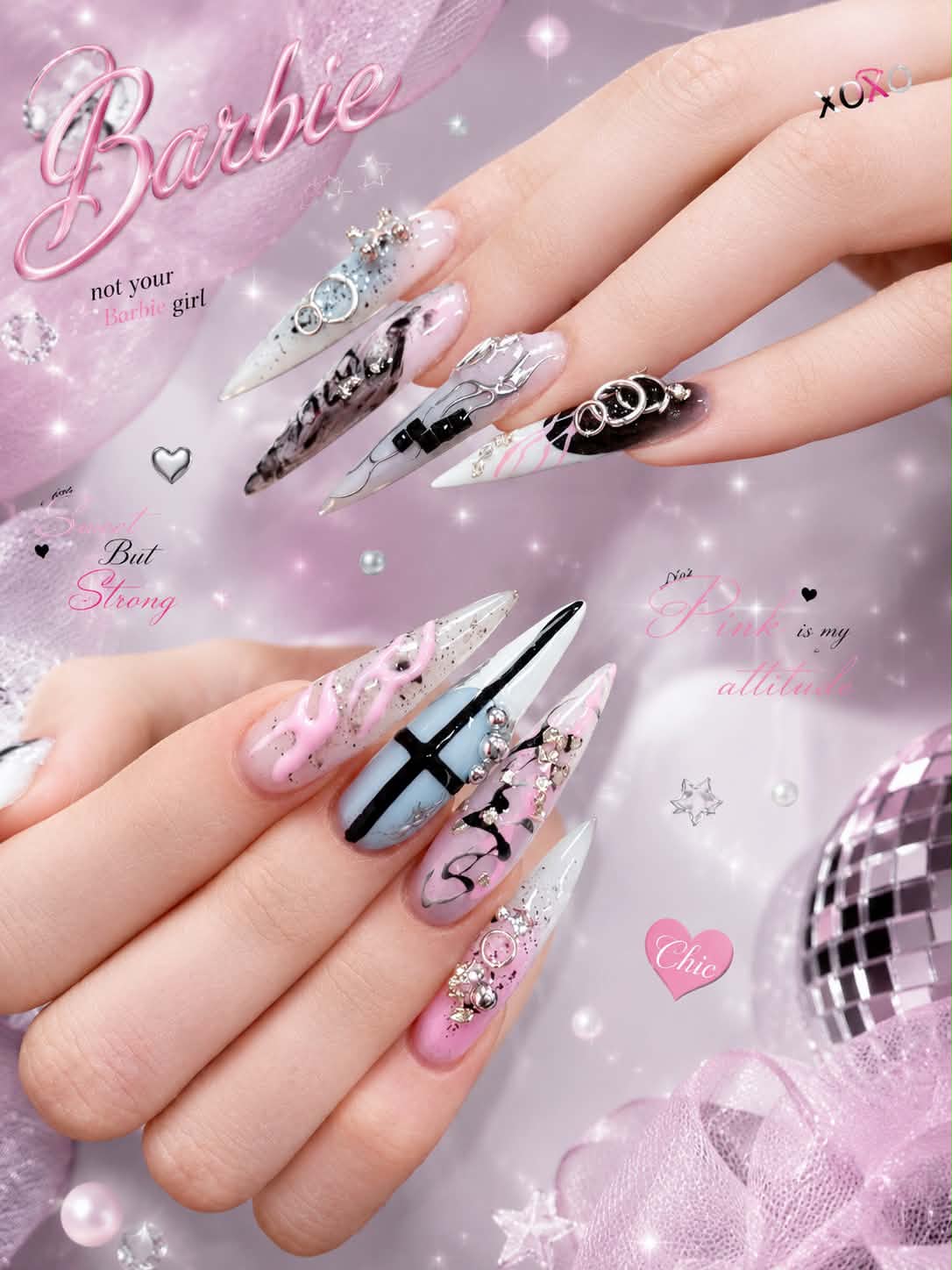 Pink and black long nail art