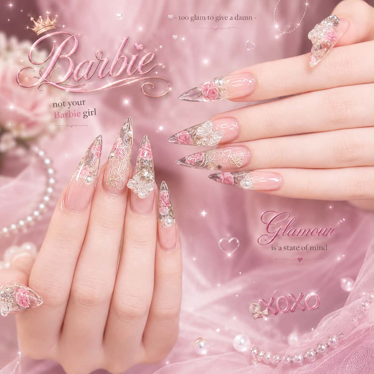 Pink crystal long nail art