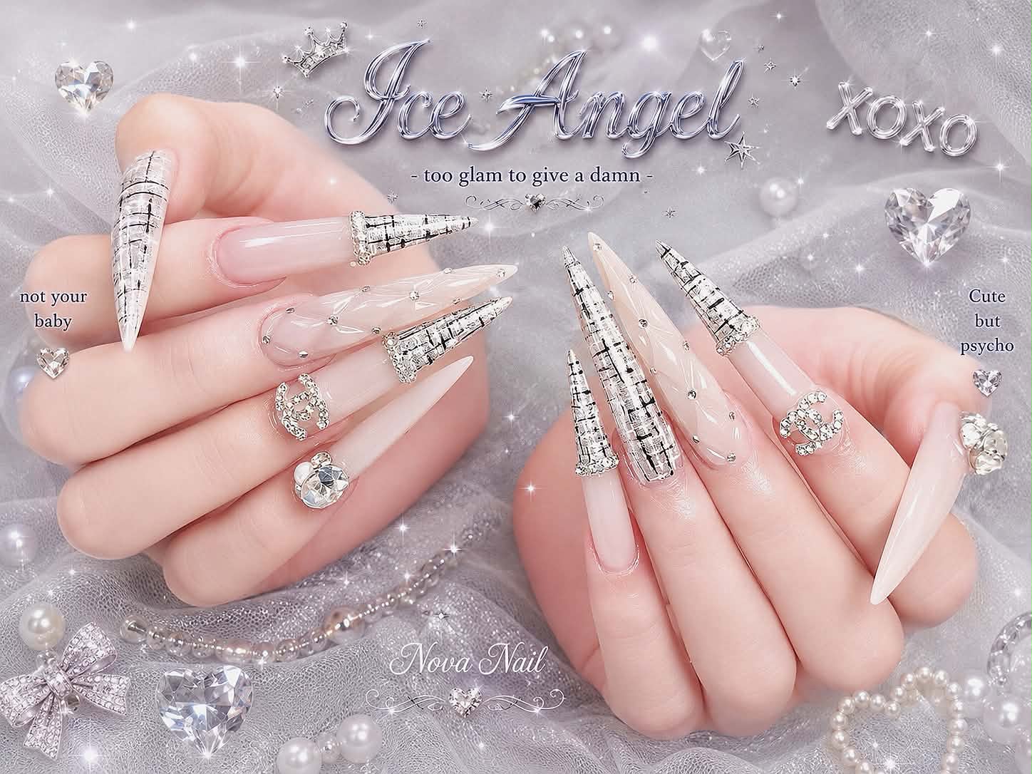 Silver crystal long nail art